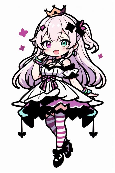 <lora:cute_flatline:1>, 1girl, himemori luna, virtual youtuber, solo, heterochromia, jewelry, thighhighs, crown, hair ornament, single hair ring, long hair, striped, pink hair, food-themed hair ornament, green eyes, open mouth, dress, candy hair ornament, bracelet, full body, smile, underwear, asymmetrical legwear, earrings, white background, looking at viewer, purple eyes, vertical-striped thighhighs, multicolored hair, hair rings, mismatched legwear, simple background, panties, gradient hair, crescent, pantyshot, puffy sleeves, vertical stripes, puffy short sleeves, crescent earrings, breasts, short sleeves, mini crown, one side up, high heels, standing, striped thighhighs, skirt, bangs, :d, shoes, pink dress, v, medium breasts, purple hair, v over eye, upskirt, princess, detached collar