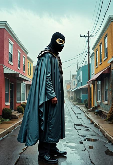 A masked revolutionary standing in a stormy urban landscape, their flowing cape detailed with intricate inked textures, large-format photography, American suburbs, natural light, saturated colors, quiet surrealism, ordinary life, subtle narrative, ironic juxtaposition, documentary style, late afternoon, pastel tones, understated humor, real environments
