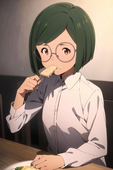 glida, neverland, 1girl, (eating), indoors, solo, looking at viewer, short hair, shirt, brown eyes, white shirt, green hair, glasses, collared shirt, <lora:Glida:0.8>