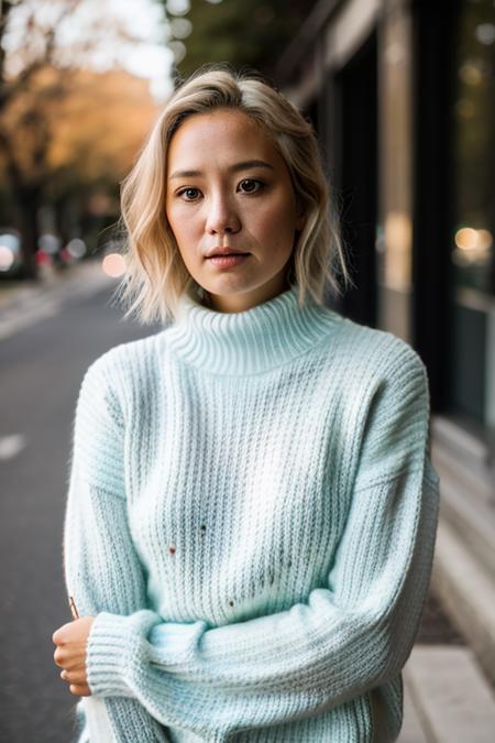 Realistic photo of a beautiful p0mkl3m-v1 woman, 1girl, solo, looking at viewer, smile, short hair, blue eyes, blonde hair, upper body, outdoors, blurry, sweater, lips, blurry background, turtleneck, crossed arms, ribbed sweater, turtleneck sweater, realistic, white sweater, soft lighting, professional Photography, Photorealistic, detailed, RAW, analog, sharp focus, 8k, HD, DSLR, high quality, Fujifilm XT3, film grain, award winning, masterpiece<lora:p0mkl3m-v1:1.0>