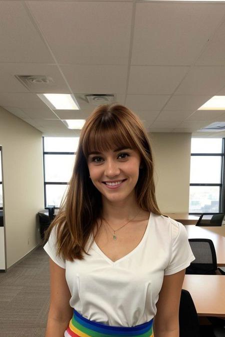 instagram photo, location is a corporate office, nikon photography, waist and above photo of a 18 year old north american woman, ((average looks)), (clothed) wearing rainbow dress, (small asymmetrical breasts) (small bosom) (small tits) (straight auburn/blonde short length hair), bangs, pale skin, (smile:0.5), ((wide hips)), camel toe, hard shadows