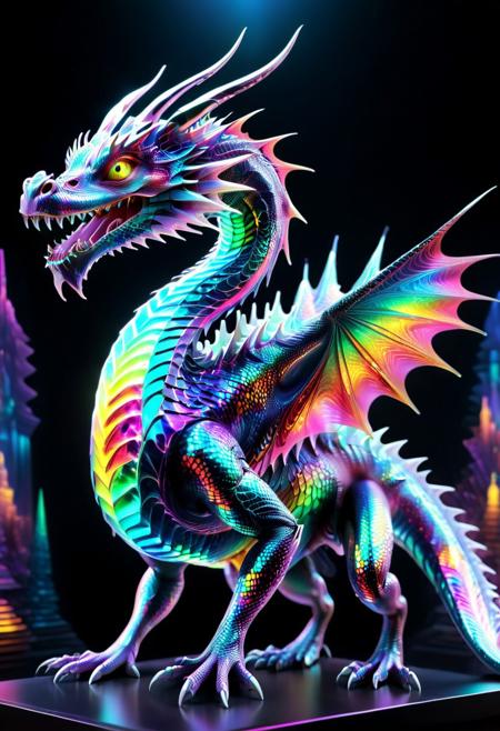 Masterpiece, best quality, amazing quality, absurd, latest, volumetric lighting, UHD, SFW, vibrant colors, neon, vivid colors, a transparent dragon as a hologram, made out of fractangles, holographic projection, depth, optical illusion, sparkling, stunning visuals, exquisite detail, digital art, humorous, realistic, highly detail, beautiful, surreal, dramatic, colors, glowneon, glowing, 
Fractangles, h4v_h0l0
