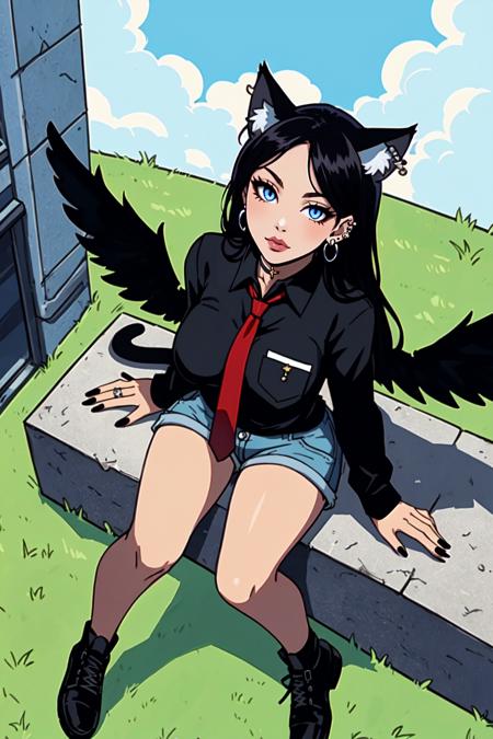 1girl, solo, long hair, looking at viewer, blue eyes, shirt, black hair, long sleeves, animal ears, jewelry, sitting, closed mouth, tail, full body, earrings, outdoors, wings, necktie, shoes, shorts, collared shirt, cat ears, nail polish, black footwear, lips, cat tail, animal ear fluff, black shirt, short shorts, from above, piercing, looking up, denim, wing collar, cat girl, red necktie, building, ear piercing, black nails, feathered wings, denim shorts, pocket, city, white wings, breast pocket,