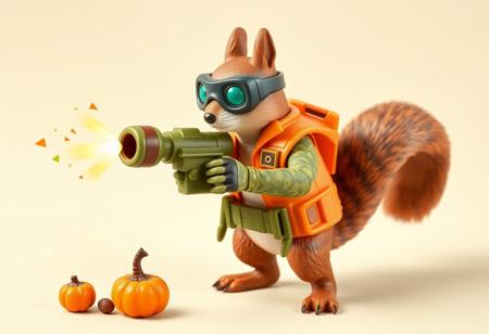 1990s-style action figure toy of an anthropomorphic squirrel dressed as a forest-themed nut defender superhero. The squirrel wears an orange utility vest, forest camo gloves, and goggles, holding a walnut-shell cannon that fires acorn projectiles and confetti nutrient bursts. Stylized accessories mini pumpkin grenades, and a belt of seeds. Bright colors, nostalgic aesthetic, detailed toy design, whimsical and heroic style, bold comic-book shading. Clean background. (No text). Isometric angle. 4:5 aspect ratio --v 5 --style 90s --ar 4:5