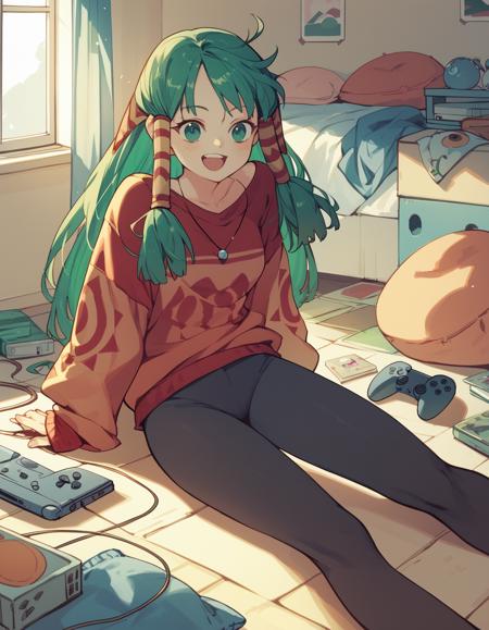 feena, green hair, hair tubes, wide sleeves, bandeau, microskirt, red legwear