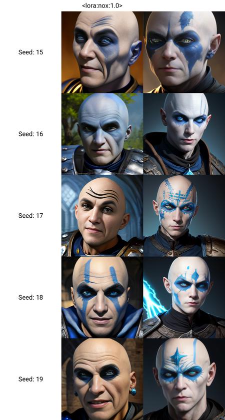 <lora:nox:1.0>. A bald man. Necromancer. White skin, black eye makeup. Blue medieval tunic. Dark background. Portrait of a RPG character. Extreme close up.