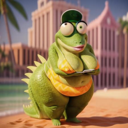 <lora:Miss Crawly:0.7> 3d cartoon,  anatomically correct, masterpiece, best high quality, ultra details, realistic, RAW Photo, perfect anatomy, 4k, 8k, quality lighting, detailed hands, detailed eyes, solo, obese, Miss Crawly, elderly, female, iguana, nude, green cap, green scale skin, big sagging breasts, thick thighs, wide hips, yellow swimsuit, beach, boob focus, (feet)  <lora:BGV5EX:1> <lora:add_detail:1>