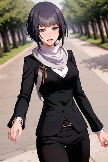 best quality, masterpiece, detailed, 1girl, solo, (outdoors:1.2), (park:1.2), looking at viewer, suit, formal, belt, scarf, pants, medium breasts | big breasts, short hair, black hair, grey eyes, open mouth, <lora:aura-000004:0.9>