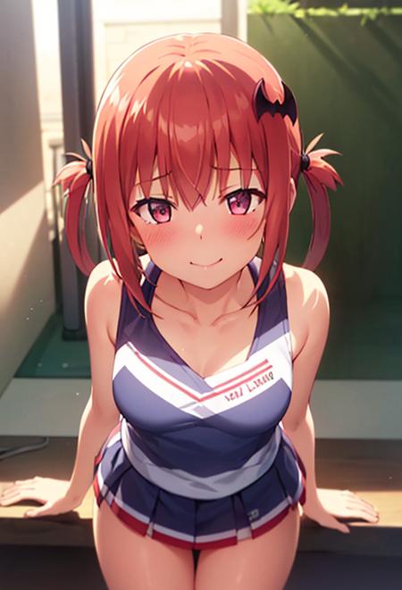 sdr, 1girl, solo,
<lora:satanichia_v1-000007:0.7>,
((8k, RAW photo, highest quality, masterpiece), High detail RAW color photo professional close-up photo, (realistic, photo realism:1. 37), (highest quality), (best shadow), (best illustration), collarbone, ultra high resolution, highly detailed CG unified 8K wallpapers, physics-based rendering, cinematic lighting), ahoge, bare shoulders, blush, breasts, breath, smile, small breasts, solo, thighs, ((masterpiece)), sideface, very detailed face, cheerleader, pompons,  bat hair ornament,