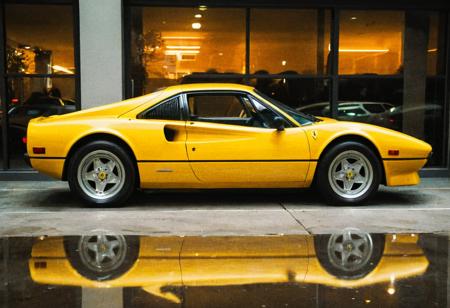analog film photo (Sportscar, gleaming yellow Ferrari 308, rear side view, indoors, dark luxury parking lot, bright neon lights, reflections, night), (film grain:1.3) . faded film, desaturated, 35mm photo, grainy, vignette, vintage, Kodachrome, Lomography, stained, highly detailed, found footage