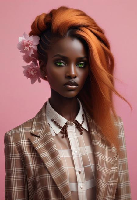 The image is a high-fashion photograph featuring a striking, dark-skinned woman with an extraordinary, voluminous, natural hair style that forms a dramatic, almost sculptural silhouette around her head. Her hair is styled in a massive, rounded shape that contrasts sharply with her slender, elongated figure. She has a deep, rich brown skin tone and a serene, contemplative expression. The image is a photograph featuring a striking, androgynous individual with long, vibrant orange hair styled straight and parted in the middle. The person is standing against a solid pink background, which enhances the overall color scheme of the image. They are dressed in a bold, eclectic outfit that combines elements of punk and vintage fashion. 
The outfit includes a brown and white checkered blazer with a slightly oversized fit, worn open to reveal a matching checkered shirt underneath. This is a highly detailed, hyper-realistic digital artwork featuring a young woman with an ethereal, otherworldly appearance. The subject has very pale, almost translucent skin with a slight sheen, and striking, piercing green eyes. Her hair is styled in intricate, voluminous braids that cascade down her back, adorned with delicate, pink flowers and beads, giving it a fairy-tale, whimsical look.