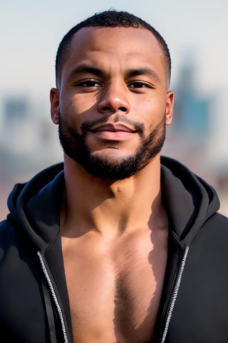 a photo of DPr35c0tt, a man, RAW, close portrait photo, (medium shot), (beard), (black hoodie), city in the background, (high detailed skin:1.2), 8k uhd, dslr, soft lighting, high quality, film grain, Fujifilm XT3 sharp focus, f 5.6