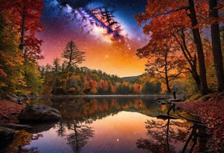 A surreal and vibrant landscape unfolds under a starry night sky, illuminated by the ethereal glow of celestial bodies. A solitary figure, silhouetted against the radiant backdrop, stands at the edge of a reflective body of water that mirrors the splendor above. Towering trees with foliage shaped into perfect spheres border one side of the scene, their leaves a rich tapestry of autumn hues. On the opposite side, dark and enigmatic pines stretch upwards, their silhouettes stark against a luminous planet hanging low in the sky. Suspended above this tranquil yet otherworldly scene is a geometric anomaly   a cube glowing with an inner light, casting its warm radiance downwards. It hovers mysteriously, tethered by unseen forces to the world below and the cosmos beyond. The landscape is punctuated by jagged mountain peaks that rise in the distance; they are both ominous and majestic as they stand sentinel under swirling galaxies that dance across the heavens.