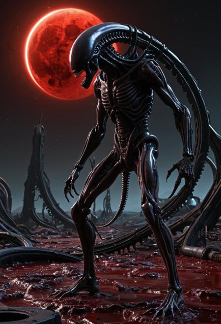 A breathtaking yet terrifying photorealistic scene of a xenomorph-style entity standing beneath a blood-red eclipse. Its body is a seamless fusion of alien biology and industrial machinery—sleek exoskeletal plates shift like living armor, revealing glimpses of throbbing internal mechanisms. The shadows around it drip like liquid void, forming intricate patterns on the ground. The landscape is a surreal wasteland of fossilized biomechanical structures, creating an otherworldly nightmare aesthetic. The lighting is cinematic, enhancing the unsettling beauty of the creature’s design.