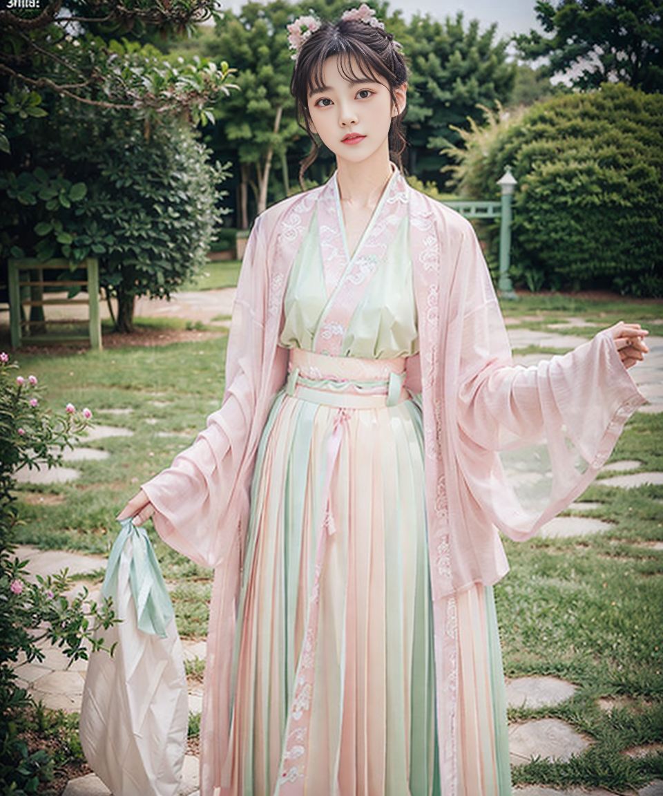 masterpiece, best quality,realistic,1girl,(hanfu, pink short shan,  gradient green pleated skirt, pink songmo),<lora:hanfu...