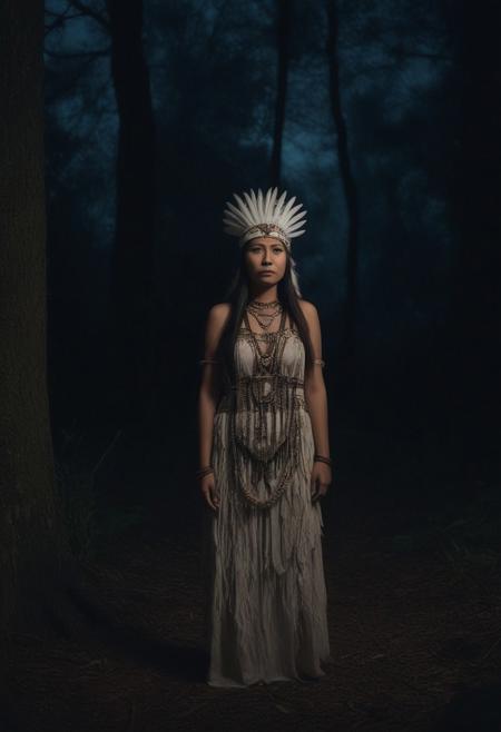 native princess wearing a amour and dress and headress while standing in a ancient forest at night