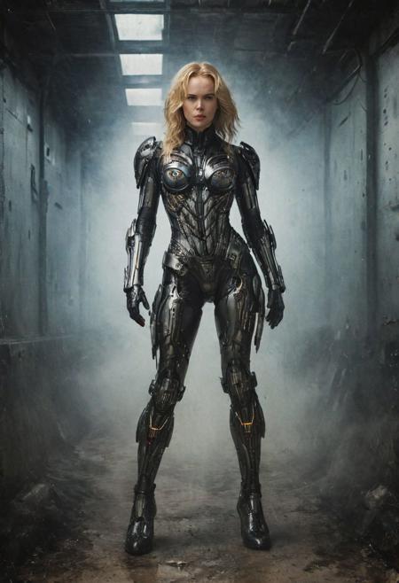 full body (RAW photo:1.4) of a teen girl nicole kidman cyborg, blonde hair, detailed mech armor plugsuit and high heel boots, symmetry beautiful eyes and iris, cyberpunk, Nostromo style, detailed background, cinematic lighting, soft shadows, action scene, colorful, masterpiece, best quality, (ultra realistic:1.4), (fractal:1.2), high quality, hyper detailed, clear image, 16k resolution. soft lighting, soft shadows, sharp focus, depth of field, best quality, 4k