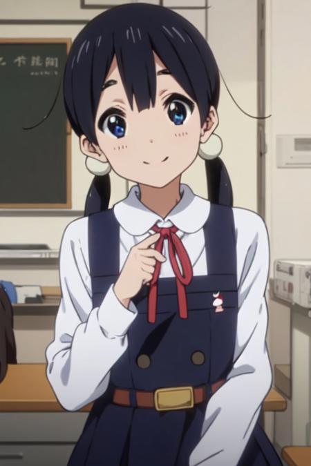 tamako market anime lineart, 1girl, tamako kitashirakawa, blue eyes, black hair, hair between eyes, twin tails, bands, blue school uniform, dark blue pinafore dress with four black buttons, white shirt, thin red bow, wide straps on shoulders, belt on waist, siting on chair, inside of classrom, looking at viewer, happy face