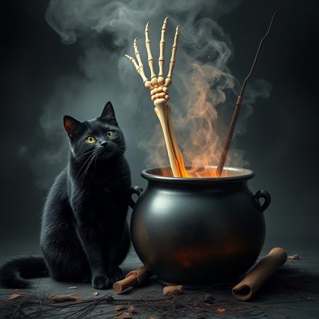 solid black american shorthair cat sitting by a witch's cauldron that has been left unattended. a skeleton hand bones are rising up out of the cauldron surrounded by smoke and sparks of fire