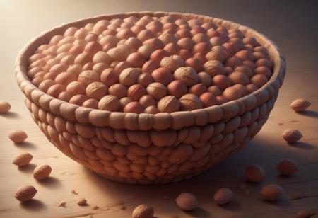 Sharp background,best quality,extremely_detailed,,up_8,up_9,8k,master_class,masterpiece,real good,totally awesome.vibrant colors,realism,perfect beautiful early morning light). Nuts in a bowl on a table.