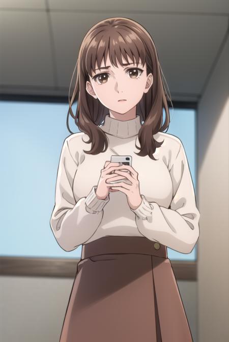 arie matsushima, long hair, brown hair, (brown eyes:1.5), skirt, long sleeves, sweater, makeup, lipstick, long skirt, brown skirt, white sweater,