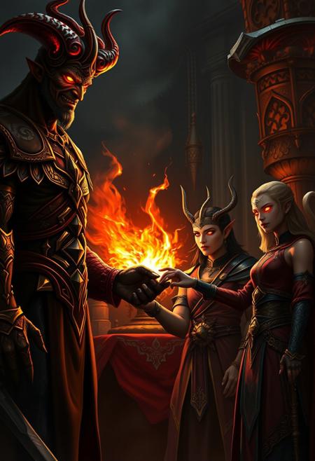 A dramatic fantasy scene: an ifrit (fire demon) with a cold, arrogant smirk, standing opposite another character, tension thick in the air. The ifrit is tall, with glowing fiery eyes, dark skin, and intricate, menacing armor. Nearby, a lower-ranking demon, now a mid-rank demon, stands confidently, handing over a medallion to a female ifrit clerk. The clerk, initially calm, suddenly freezes in shock, her fiery eyes widening like blazing saucers, her mouth slightly open in disbelief. Behind her, a magical artifact sparks and crackles with intense energy, drawing the attention of everyone in the room. The atmosphere is charged with power, pride, and the weight of past battles. Dark fantasy style, highly detailed, dramatic lighting, and expressive character emotions