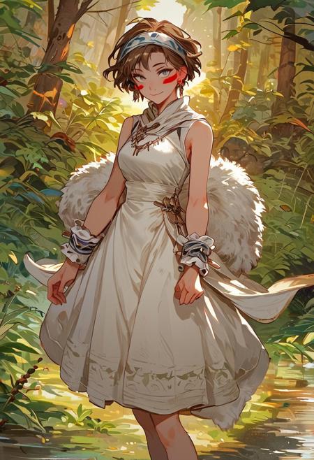 score_9, score_8_up, score_7_up,  san, 1girl, full body, standing in a dynamic pose, solo, short hair, brown hair, gray eyes, headband, face paint, earrings, white sleeveless top, navy under dress, arm cuffs, fur headdress, fur cape, light-skinned female, female focus, looking at viewer, smiling, forest, (blush:1.1),easynegative, fantasy, Expressiveh
