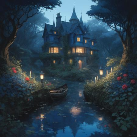 between two Mage mansions, a surreal small twilight creek-garden, rose-brambles, candle-birds, tiny mystery-magic, serene overcast atmosphere, midnight-blue, blue-black, royal-blue, navy-blue, cel-shading, cinematic, edge-to-edge print, rendered by Studio Ghibli, Alyssa Monks, Andreas Rocha, David Kassan, Neil Blevins, Tuomas Korpi, ArtGerm