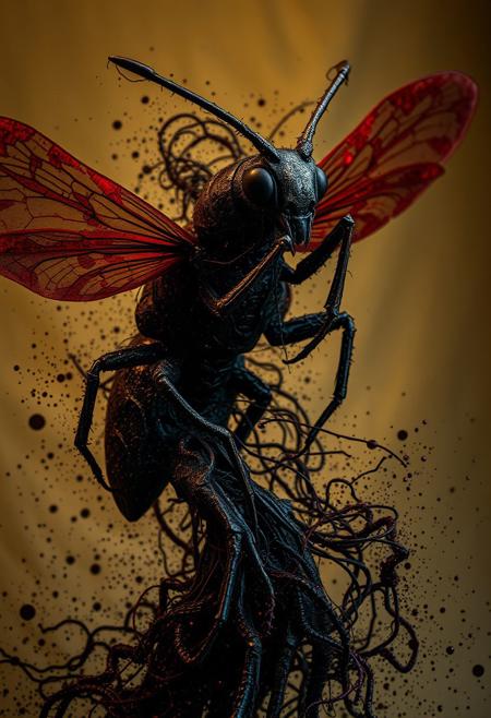 Seeking Peace From Worldly Endeavors,splatters, fluid motion and movement, dark gold and dark crimson tones, photorealistic composition, dark aesthetic, surreal atmosphere, made of insects, liquid metal textures, tangled organic forms, high contrast, intricate details, abstract realism, eerie elegance, dynamic shapes, cinematic lighting