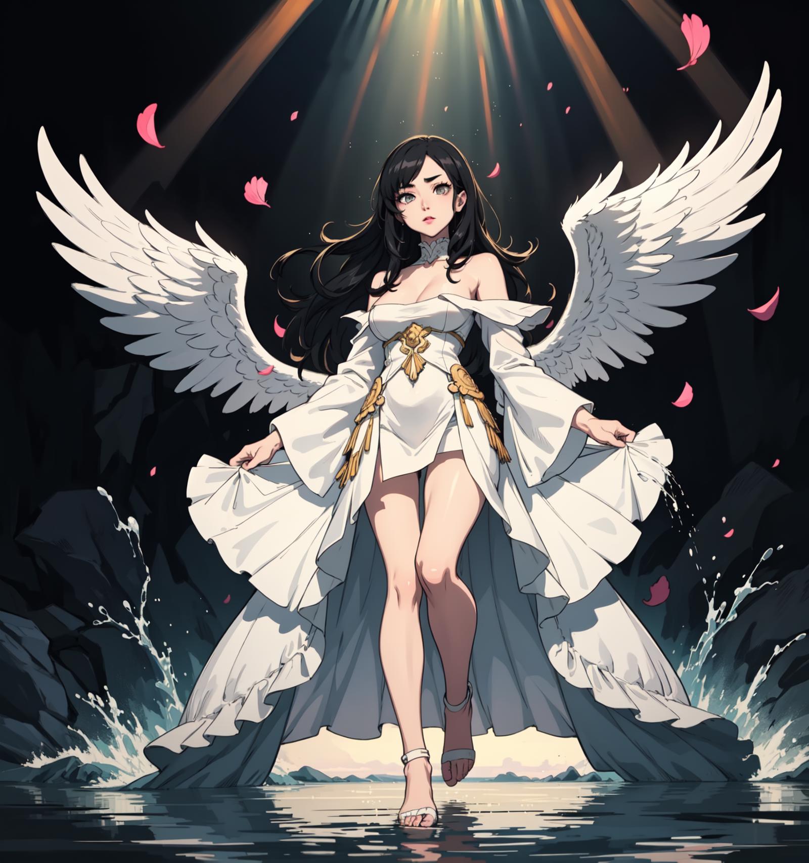 Anime-style art of a woman with wings standing in water, wearing a white dress with flowing skirt.