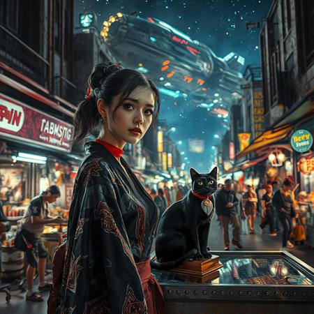 Setting is a futuristic cyberpunk street market at night, the market is comprised of street vendors selling robot parts, food, weapons, and robots. People wearing futuristic cyberpunk clothing are walking through the street market shopping and eating, A sleek black cat with red collar sits on a cluttered metal riveted desk with transparent top and micro-LED lighted computer components visible inside, On the desk is an ebony and gold maneki neko statue and futuristic art deco lighting, (((a beautiful woman, 24 years old, is standing in the foreground facing the viewer, she has an expression of interested curiosity)))))), the sleek black cat with red collar is sitting on the desk and watching the people walking by in the busy street market, the woman is dressed in futuristic cyberpunk Japanese style yukata with a plunging neck line alluring but Japanese classic aesthetic. An enormous art deco inspired starship with futuristic lighting and an enormous space station are visible in the background among the stars, The woman's hair is elegantly tied up with a ribbon. Artistic cyberpunk, dynamic perspective, (((overall architectural aesthetic is Art Deco Cyberpunk))).  Epic image that elicits a feeling of wonder and awe,