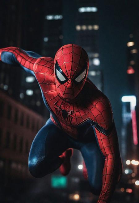 Portrait face Solo spiderman flying in new york , photograph ,pale beautiful photo, ultra detailedspiderman suit , night time, cinematic composition,  cinematic filtering