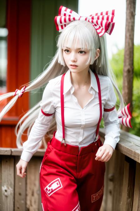 masterpiece, best quality,    <lora:mokou:1>,outdoors,1girl,  fujiwara no mokou,very long hair,cleavage,navel, suspenders, long sleeves,red eyes, white hair, bow,ribbon, hair bow, pants, hair ribbon, shirt, multiple hair bows