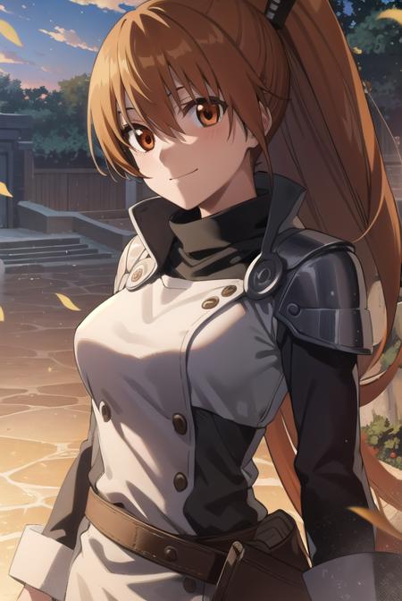 seryuuubiquitous, <lora:seryuu ubiquitous s1-lora-nochekaiser:1>,
seryuu ubiquitous, long hair, brown hair, (brown eyes:1.3), very long hair, ponytail, belt, armor, smile,
BREAK ,
BREAK outdoors, nature, forest, trees, grass, sky, clouds,
BREAK looking at viewer, (cowboy shot:1.5),
BREAK <lyco:GoodHands-beta2:1>, (masterpiece:1.2), best quality, high resolution, unity 8k wallpaper, (illustration:0.8), (beautiful detailed eyes:1.6), extremely detailed face, perfect lighting, extremely detailed CG, (perfect hands, perfect anatomy),