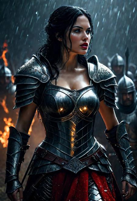 Ultra detailed digital art masterpiece Warrior Snow White girl dressed in a iron Armor and red mini skirt, Standing on a battlefield at the head of an army of knights, where a bloody slaughter is taking place, standing in battle pose, a dark epic fantasy, perfect lighting, beautiful Warrior Snow White girl, attractive woman, elegant, beautiful woman of athletic body,  epic shot of the whole Warrior Snow White girl, unreal engine 5 nanite quality, dark fantasy, dark environment, very stormy day, LOTR style, dark washed out eyeliner, no make up, natural bloody pale face, realistic blue eyes, ultra detailed atmospheric details, beautiful glowing effects, sparkle effects, realistic body proportions, beautiful face proportions, complex masterpiece, wavy raven black hair, creative glowing detailed tattoos, complex physics, enhanced colors, complimentary colors, ultra detailed raytracing reflections, Ultra detailed complex background, environment feels alive, direct eye contact, dramatic lighting, wet and sweaty skin, beautiful firm Breasts, Daylight, Concept art by Greg Rutkowski, adding to the intense and dynamic atmosphere of the scene.