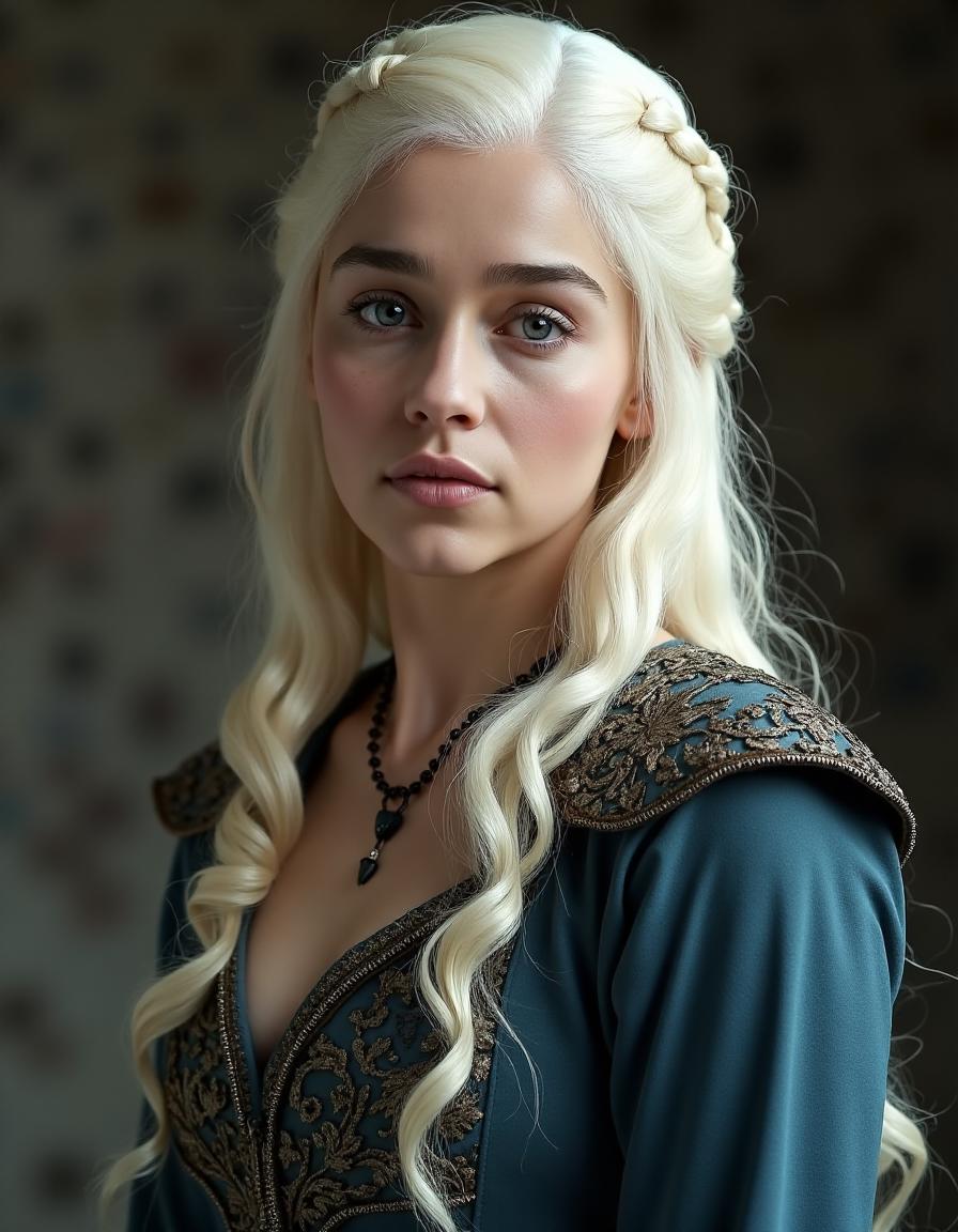 <lora:GOTemiliaClarkeQuiron_FLUX:1.7> GOTemiliaclarkeQuiron, a woman with white hair, Emilia clarke as Daenerys targaryen in hbo's 'game of thrones',   game of thrones hd wallpaper  at Abandoned Castle