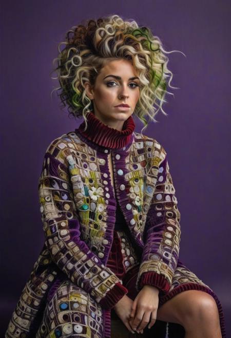 The image is a high-resolution photograph featuring a young woman with a distinctive hairstyle and attire. The subject has short, curly hair that is a mix of natural blonde and dyed green, with the green color predominantly at the roots and fading into the blonde ends. The person's skin tone is fair, and they have a round face with a slightly pensive expression. They are wearing a chunky, knitted sweater with a high neck. The image is a high-resolution photograph featuring a woman seated on the floor against a plain, light-colored background. She is dressed in an elaborate, luxurious coat that appears to be made of velvet in a rich, deep purple color. The coat is adorned with intricate, white, ornate embroidery that features swirling patterns and floral designs, giving it an opulent and vintage-inspired aesthetic. The image is a high-resolution photograph featuring a young woman with an avant-garde hairstyle and outfit. She has a striking, voluminous hairstyle with a mix of curly hair in shades of purple and red, styled in a voluminous, asymmetrical fashion, with some strands cascading down her face and neck. Her hair is styled in a way that resembles a modern art installation, with a mix of vibrant colors and natural texture.