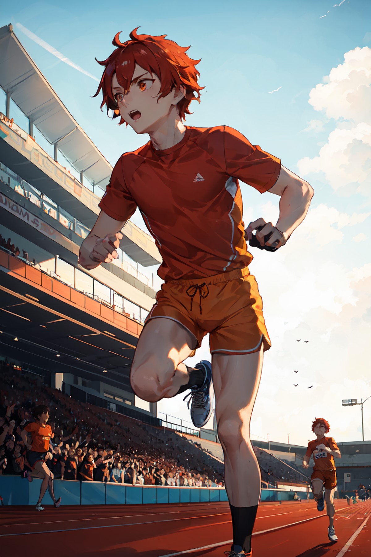 <lora:alexanderfgo:.7> alexanderfgo, 1boy,  socks, sneakers, orange shorts, orange shirt, running, running track, track an...
