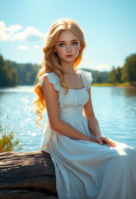 an innocent, gentle princess named Isabelle aged 18. she has soft wavy golden hair, innocent blue eyes, and is wearing a white dress. she is sitting on a log by the lake, gazing at the shimmering water under the sun