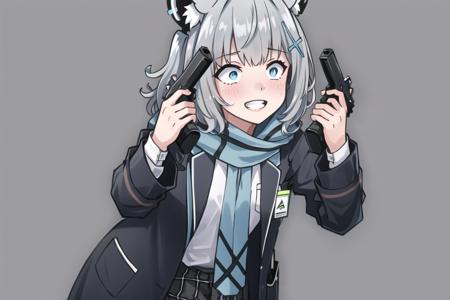 <lora:Guns Akimbo:0.8>, guns akimbo, looking at viewer, smile, bangs, holding, weapon, teeth, grey background, holding weapon, gun, leaning forward, parody, holding gun, handgun, dual wielding, wide-eyed, crazy eyes, crazy smile, (masterpiece, best quality:1), 1girl, solo, shiroko (blue archive), school uniform, scarf, necktie, <lora:sunaookamiShiroko_v1:0.8>