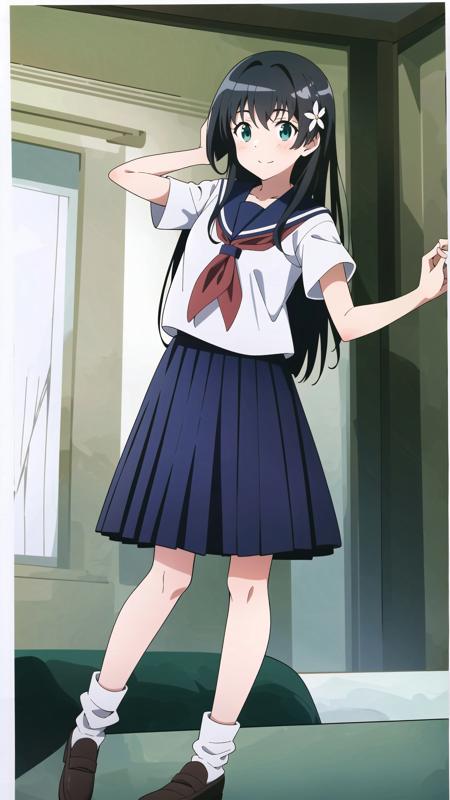 saten_ruiko, 1girl, solo, long hair, skirt, shirt, black hair, hair ornament, holding, school uniform, green eyes, white shirt, flower, short sleeves, pleated skirt, shoes, serafuku, socks, hair flower, sailor collar, black footwear, blue skirt, neckerchief, brown footwear, white socks, blue sailor collar, loafers, red neckerchief, sakugawa school uniform