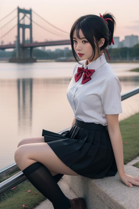 ltra-detailed,highly detailed,best quality,masterpiece,illustration,realistic,
miyamizu mitsuha, 1girl, solo, 
black hair, ponytail, short hair, folded ponytail, 
school uniform, hair ribbon,bowtie,short sleeves, collared shirt, pleated skirt, socks, loafers, 
=looking at viewer, sitting,
outdoors,dawn, water, river, sky, bridge,  city, cityscape,parted lips, falling petals, 
<lora:miyamizu mitsuha_v1_02:0.7>