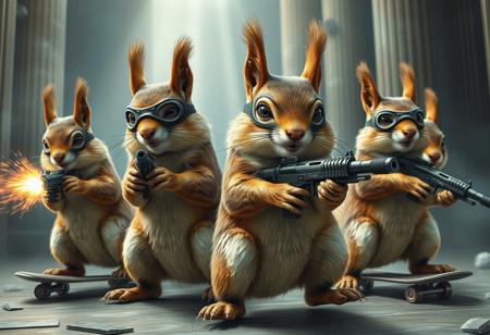 A team of squirrels conducting a high-stakes bank heist, complete with acorn-shaped explosives and guns in hands, squirrel-sized ski masks, and getaway skateboards, realistic, highly detailed