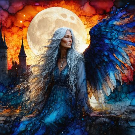 Otherworldly Alcohol Ink, attractive older woman, long flowing silver wavy hair,  focus on facial features, magical wings, sparkling lights around her, Eric Lacombe, Richard Burlet, Wadim Kashin, Hyperdetailed, Serge Marshennikov, intricately detailed, waterolour and alcohol ink, dramatic composition, rich vibrant sunset coours, huge moon in background, medieval setting, gentle sculptured shading