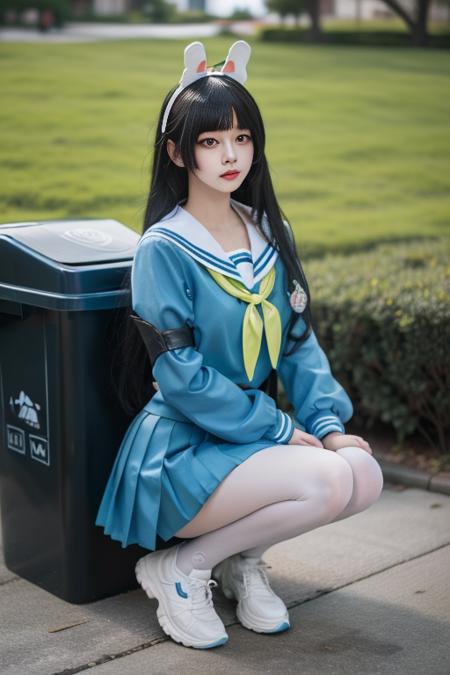 ltra-detailed,highly detailed,best quality,masterpiece,illustration,realistic,
kasumizawa miyu, 1gir l, solo, miyu \(blue archive\),cosplay,
bangs, long hair,fake animal ears, rabbit ears,
school uniform, serafuku, neckerchief, sailor collar,long sleeves, pleated skirt,
looking at viewer, in trash can,
photo background,outdoors, ruins,trash can, grass, bush,
<lora:kasumizawa miyu_v1_07:0.7>