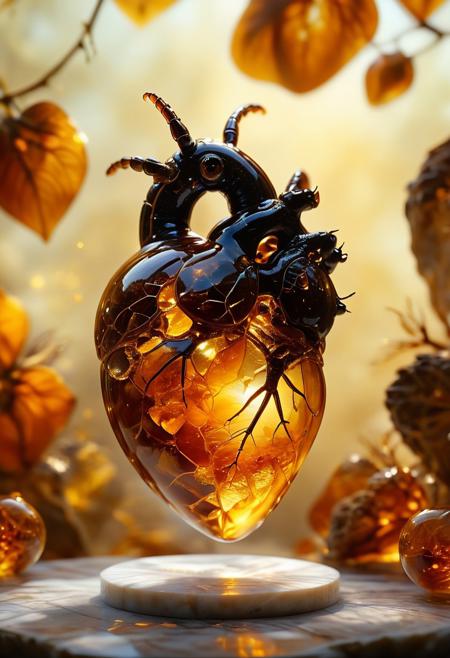 improved cinematic photo, 35mm photograph, film, professional, 4k, highly detailed,
An amber fragment enclosing a Human Heart,
The amber fragment is a smooth, slightly irregular sphere, roughly the size of a marble, with a warm golden-brown hue. Its surface is polished, gleaming softly under light, revealing a mesmerizing play of golden, honey, and orange tones. Tiny air bubbles and organic inclusions are scattered throughout, lending it a sense of antiquity and natural complexity.
Inside, a perfectly preserved Human Heart lies suspended in time, its delicate body encased in the translucent amber.
Around the Human Heart, subtle striations and minute organic fragments, possibly plant material or dust, create a vignette that frames the insect. The amber’s clarity varies in places, with some sections slightly cloudy, further accentuating the Human Heart as the focal point. The fragment feels timeless, a tiny time capsule offering a glimpse into a prehistoric world millions of years ago