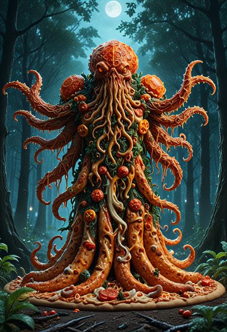 Cthulhu made from pizzasdx, marching through a moonlit forest.

intricate, ambient lighting, highly detailed, trending on artstation, sharp focus, vibrant triadic colors, horror, magical, ethereal, vivid, detailed, depth of field, soft lighting, digital art, surreal, masterful, intricate, photorealistic, dramatic angle, high resolution, trending on Instagram,