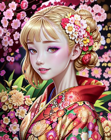 4K, Masterpiece, highres, absurdres,natural volumetric lighting and best shadows, deep depth of field, sharp focus, soft delicate beautiful attractive face,vandread,blonde Nadia, smiling, vandread drawing style,
1girl, solo, hair ornament, upper body, flower, japanese clothes, hair flower, kimono, hair bun, blurry, lips, blurry background, floral print, realistic, red kimono, with a edgJapan haircut,
<lora:Dita:0.25> <lora:Nadia:0.35> <lora:zeronis:1> <lora:edgJapan:1>