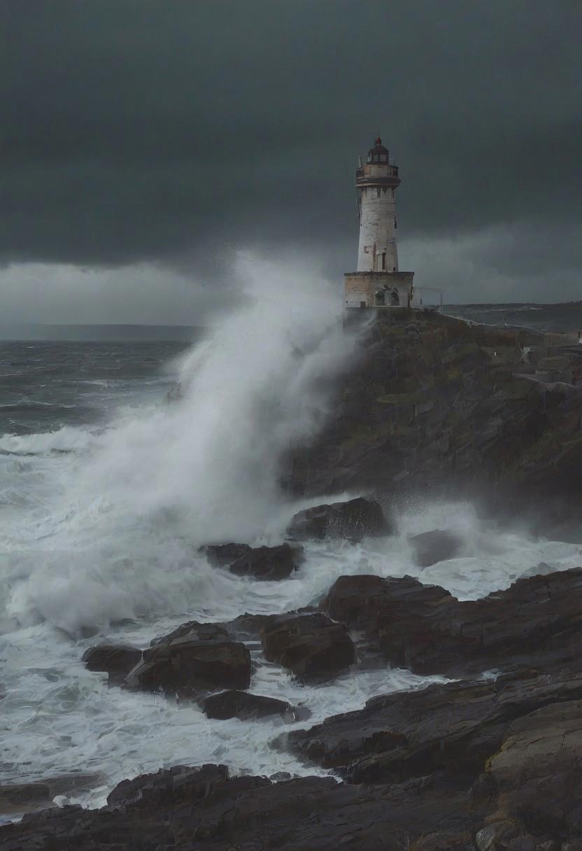 a scenic view of a lighthouse on a rocky shore, thunderstorm, violent waves crashing against the shore, dark clouds