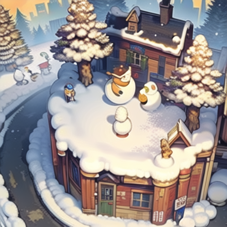 masterpiece, best quality,（Frontal angle：1.5），Winter, snowmen, buildings, roadsides, streets, snow, sidewalks,